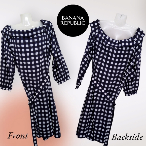 NWT!! Banana Republic Popular Navy Blue White Squares Off The Shoulder Dress!!💖 - Picture 2 of 11